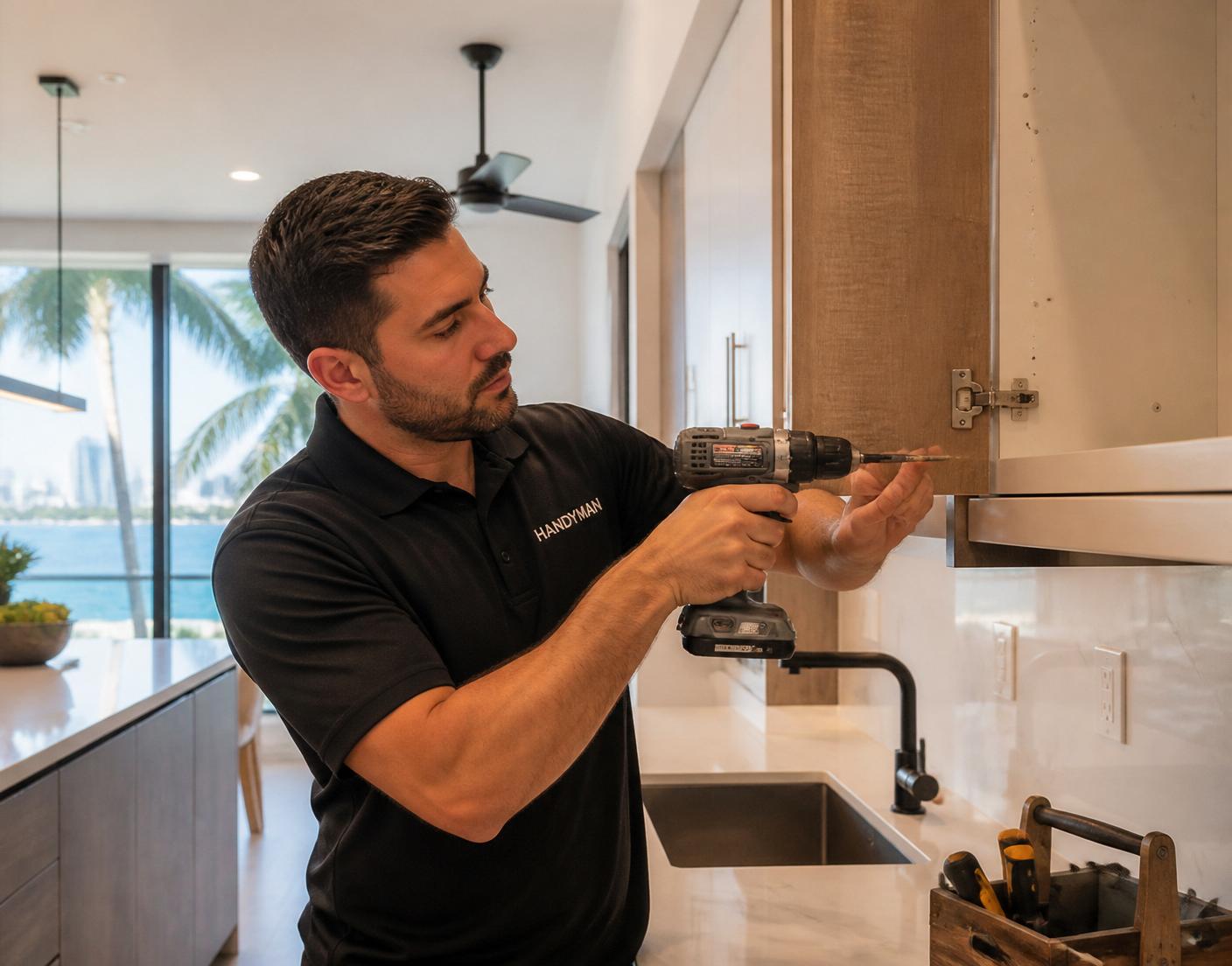 Residential handyman Miami — technician installing kitchen cabinet