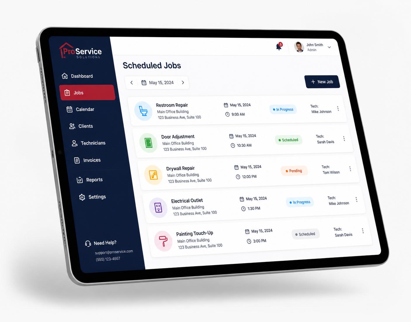 KW Handyman Miami service dashboard on a tablet showing scheduled jobs