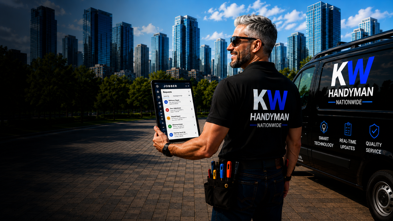 KW Handyman technician with tablet in front of service van, city skyline in background